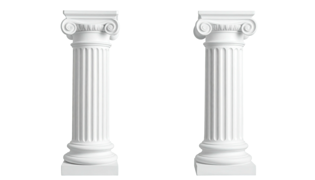 Two white, classical-style columns stand tall against a stark black background