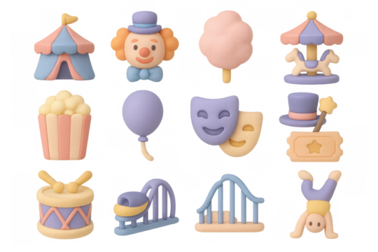 Pastel circus icons set featuring clown, carousel, and puppet elements in soft 3d design