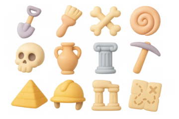 3d archaeology icons set: tools, artifacts, and ancient symbols in soft vibrant tones