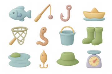 Colorful 3d fishing gear icons: boots, hooks, fish, and more