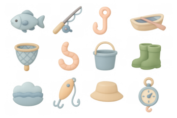 Playful pastel fishing icons collection for outdoor and adventure themes