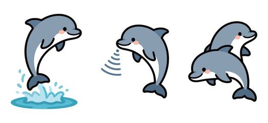 Fototapeta premium Cute cartoon set of dolphins jumping out of the water, using echolocation (sonar), and swimming in a pair, vector illustration.