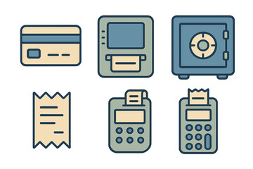 Essential banking and payment symbols including credit card, ATM, safe, and receipt