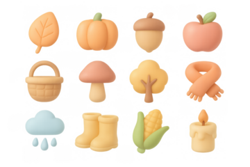 Cute pastel autumn icons with mushrooms, boots, and pumpkin