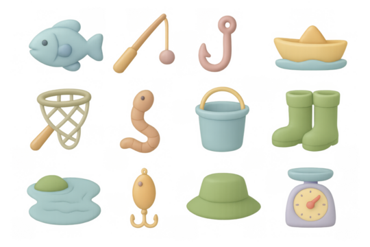 Colorful 3d fishing gear icons: boots, hooks, fish, and more