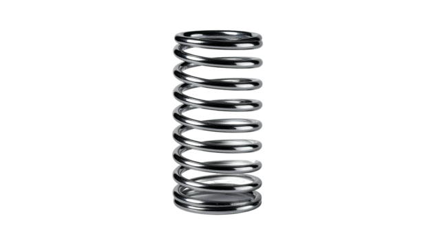 A cylindrical metal spring with multiple coils, isolated against a black background