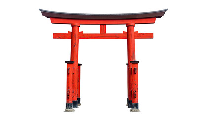 Bright red Torii gate isolated against a black background