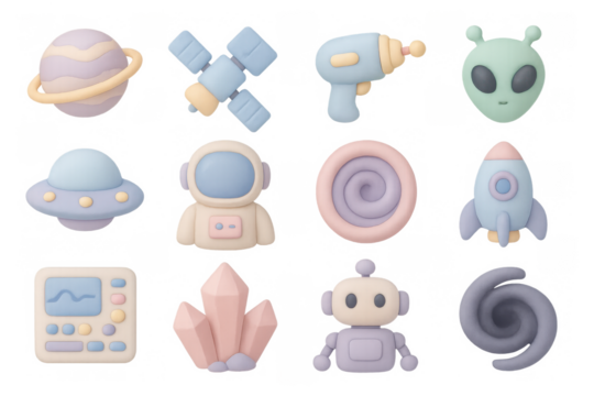 Playful pastel space icons featuring aliens, astronauts, and rockets in soft 3d style