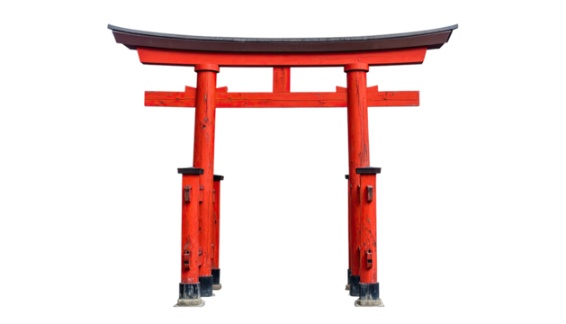 Bright red Torii gate isolated against a black background
