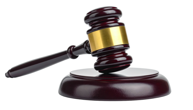 A wooden gavel with a gold band rests on its sound block against a black background