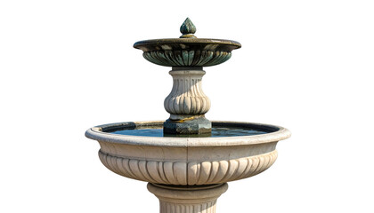 Elegant stone tiered fountain, dark backdrop, capturing water flow, ornate design