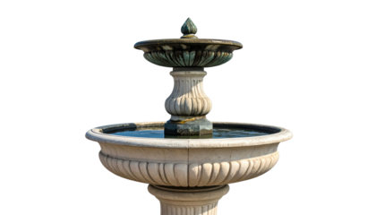 Elegant stone tiered fountain, dark backdrop, capturing water flow, ornate design