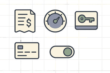 Essential business and financial interface symbols for payment, security, and performance tracking