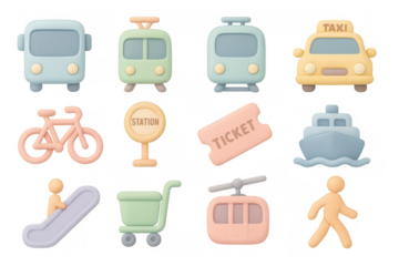 Adorable 3d transport icons set with pastel colors and cute designs