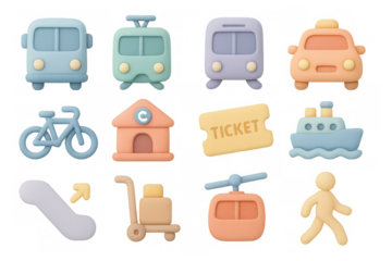 Cute pastel transportation icons: 3d rendered vehicles and travel elements