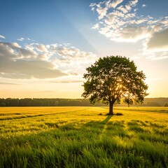 A lone tree stands in a golden field at sunrise. Sunlight streams through the leaves, casting a long shadow.  A serene and tranquil scene