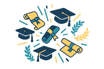Academic achievement celebration with mortarboards, diplomas, and laurel wreaths