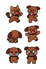 Cute cartoon set of mixed brown dog and puppy characters in various poses and strong emotions: happy, running, tired, sad, crying, and angry, vector illustration.