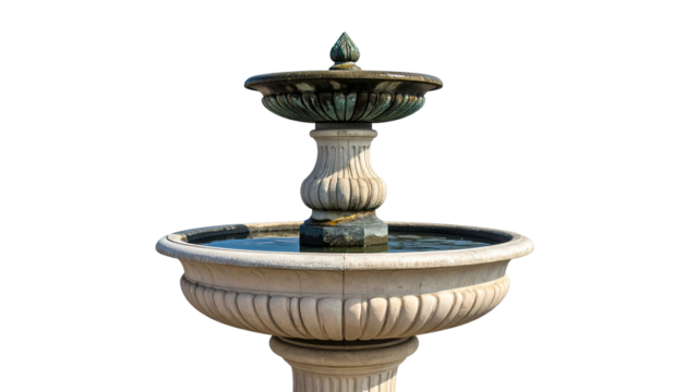 Elegant stone tiered fountain, dark backdrop, capturing water flow, ornate design