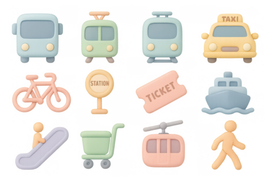 Adorable 3d transport icons set with pastel colors and cute designs