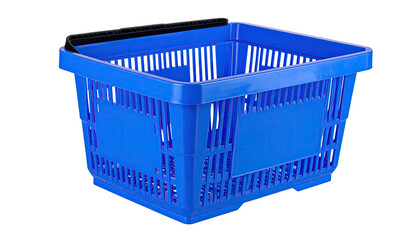 Bright blue, empty plastic shopping basket with a black handle, isolated