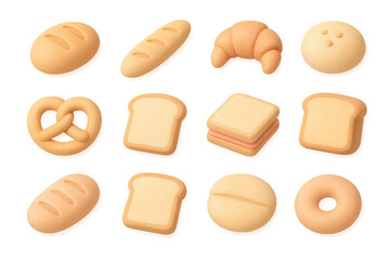 Assorted 3d baked goods collection: bread, croissant, pretzel, donut icons