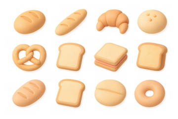 Assorted 3d baked goods collection: bread, croissant, pretzel, donut icons