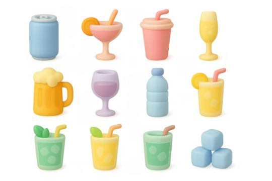 Colorful collection of 3d cartoon beverage icons with smooth pastel tones