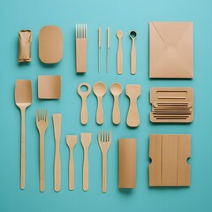 Eco-Friendly Bamboo Cutlery and Kraft Paper Packaging Flat Lay
