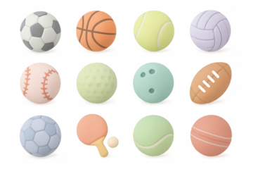 Collection of twelve pastel sports balls on white background