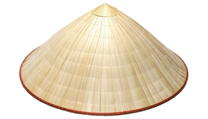A pointed conical hat, traditionally woven from light-colored natural fibers