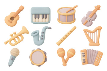 Colorful 3d music instruments icons set for creative design projects