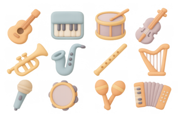 Colorful 3d music instruments icons set for creative design projects