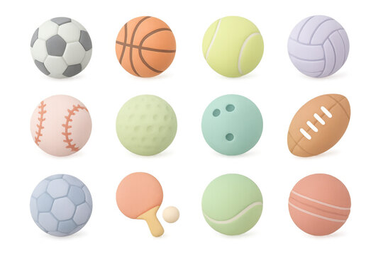 Collection of twelve pastel sports balls on white background - Powered by Adobe