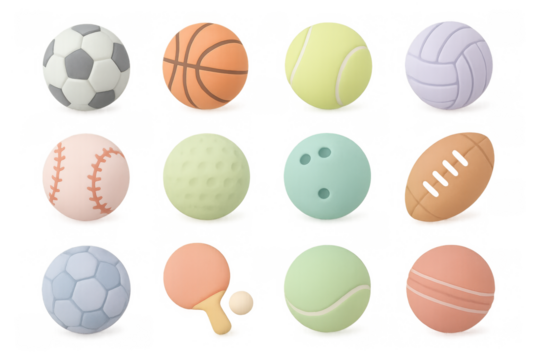 Collection of twelve pastel sports balls on white background - Powered by Adobe