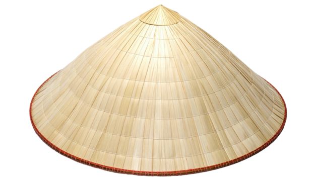A pointed conical hat, traditionally woven from light-colored natural fibers