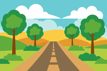 Illustration of road with trees and cloudy sky view