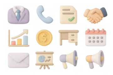 3d business icons: communication, finance, and planning essentials