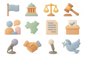 Colorful 3d icons of politics and law with government symbols