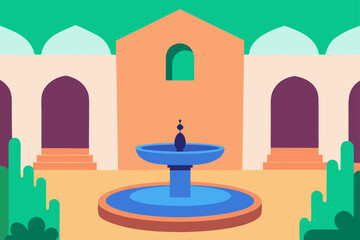 Illustration of a courtyard with a fountain and arches