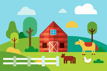 Illustration of a farm with animals and red barn