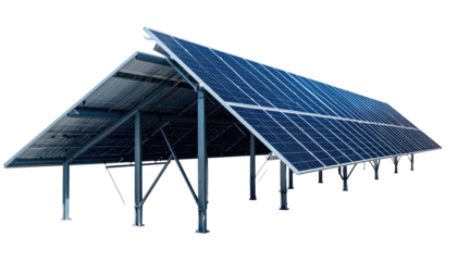 Array of blue solar panels on a steel frame, angled to catch the sun's rays