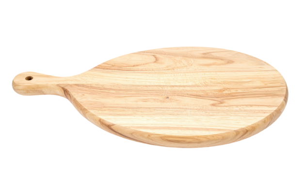 Wooden cutting board with handle isolated against a black background