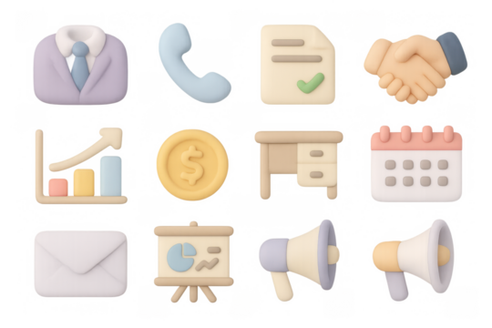 3d business icons: communication, finance, and planning essentials