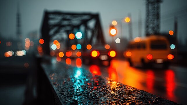 Rain-slicked city bridge at night, with blurred lights reflecting off the wet surface creating an atmospheric, vibrant urban scene.
