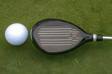 Golf Driver and Ball on Green Grass,  Close Up Shot