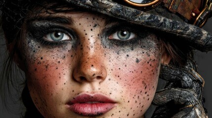 Naklejka premium Steampunk Beauty: A portrait of a woman with goggles and soot-covered face, embodying the industrial-fantasy aesthetic.