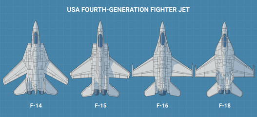 Set of fourth generation USA fighter jet in blueprint style from top view. Vector illustrations f14, f16, f15, f18 fighter jet. Landscape design various military 4th-gen combat aircraft from america.