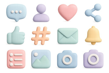 Pastel 3d icons set with smooth design for social media and communication themes