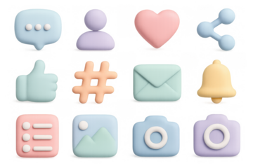 Pastel 3d icons set with smooth design for social media and communication themes